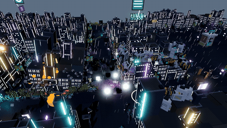 An artillery barrage lands on a crowd of customers in the neon city